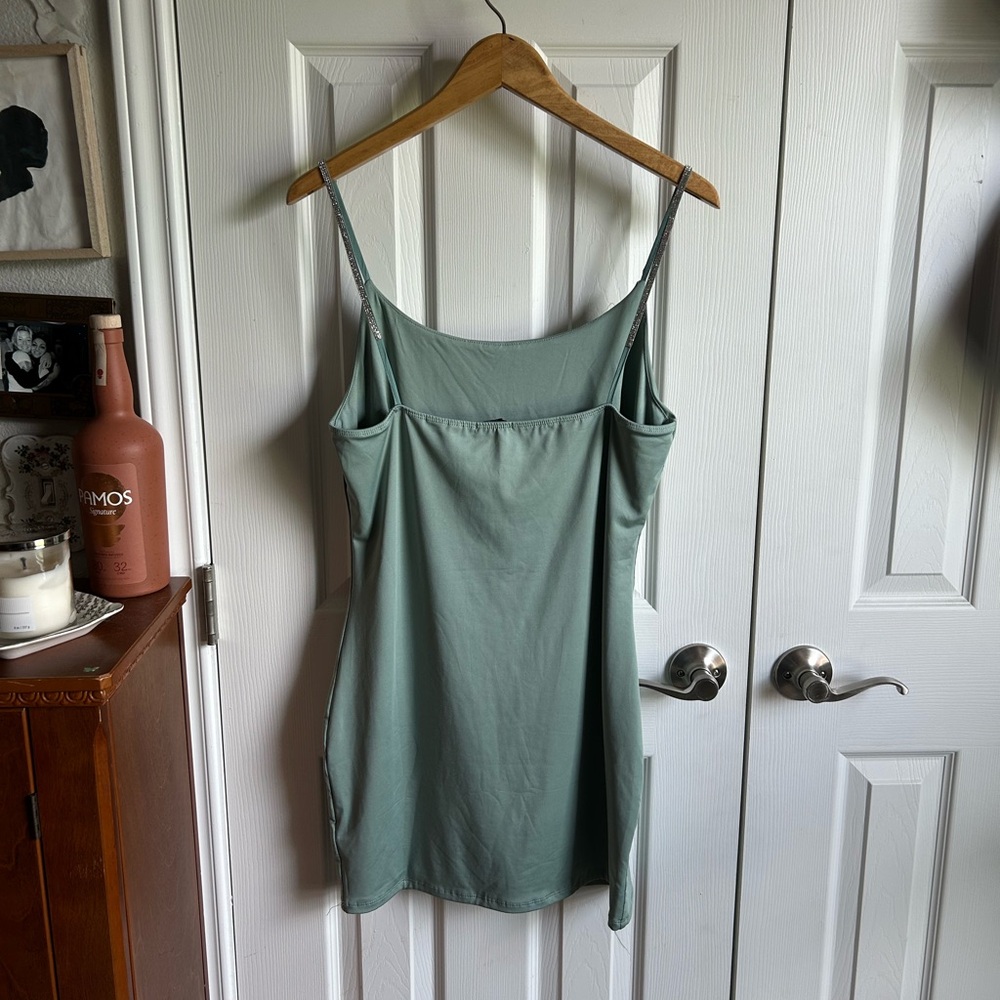 Y2K sage green rhinestone strap bodycon slip dress - Picture 4 of 5